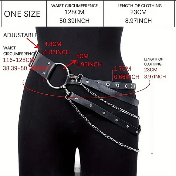 Plus Size☆ Edgy Punk Goth Black Multi-layer Chain And Stud Vegan Leather Belt - Picture 15 of 16